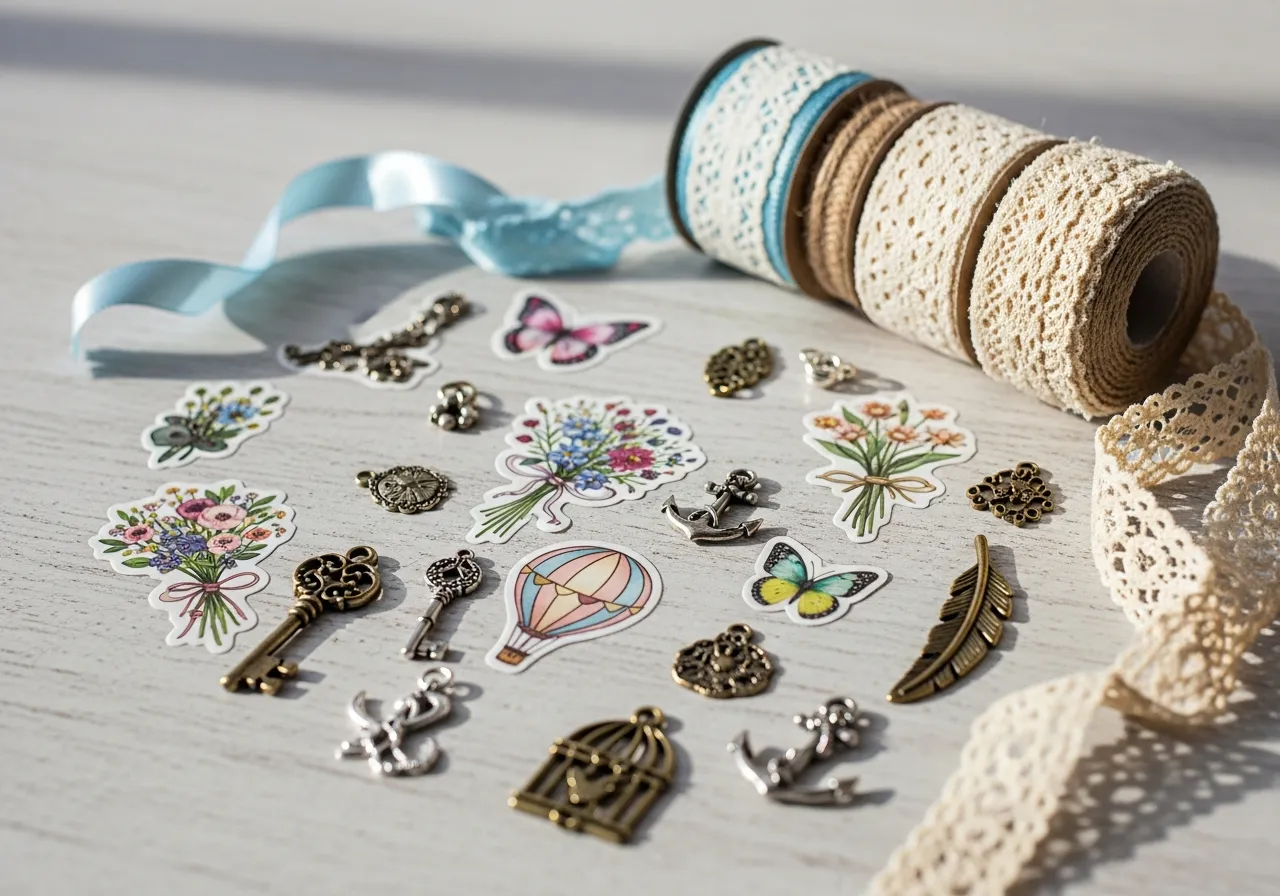 Decorative embellishment set with stickers, ribbons, and charms